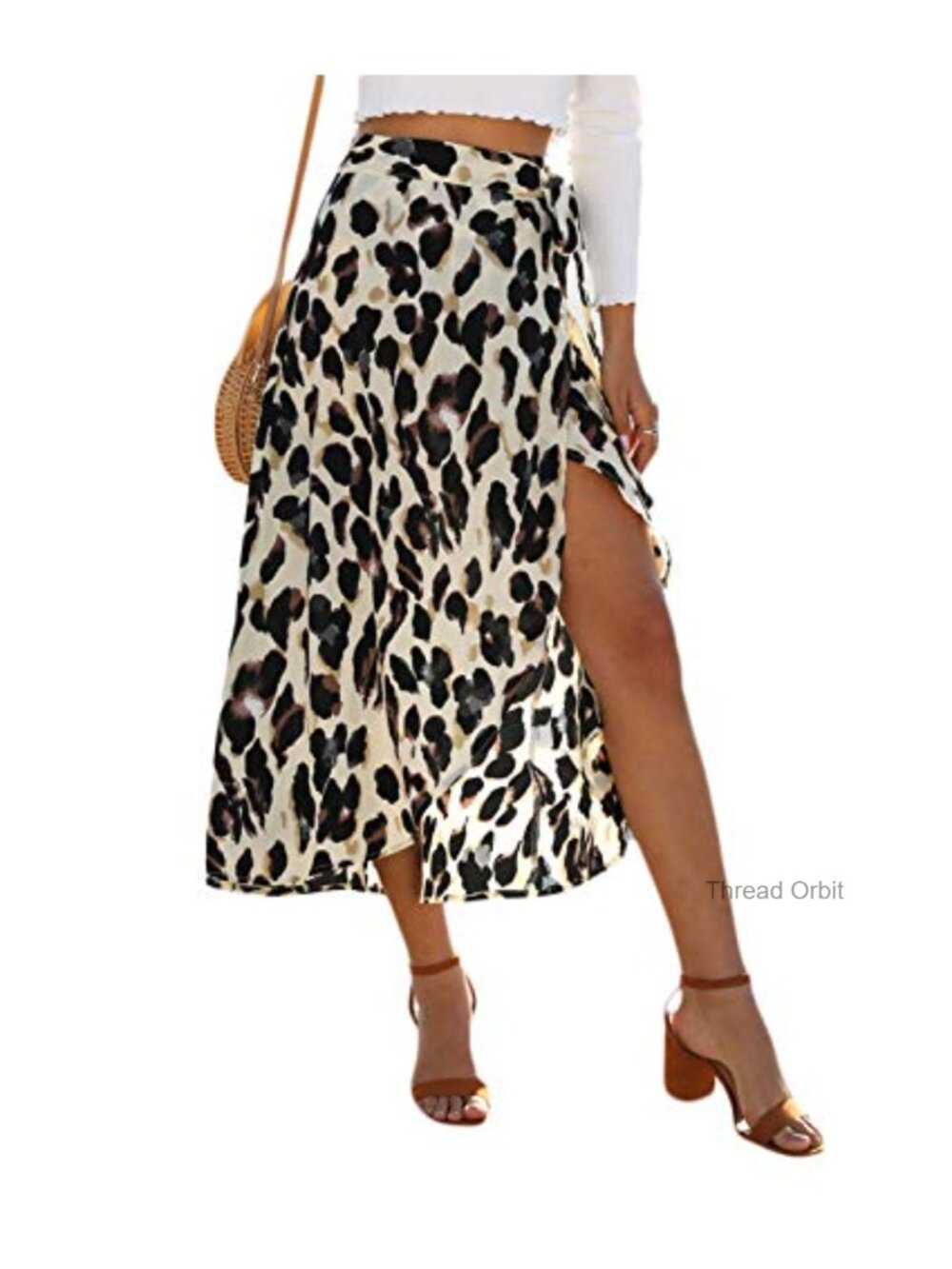 Women's Boho High Low Wrap Skirt with Split Leopard Print Midi Beach Cover Up